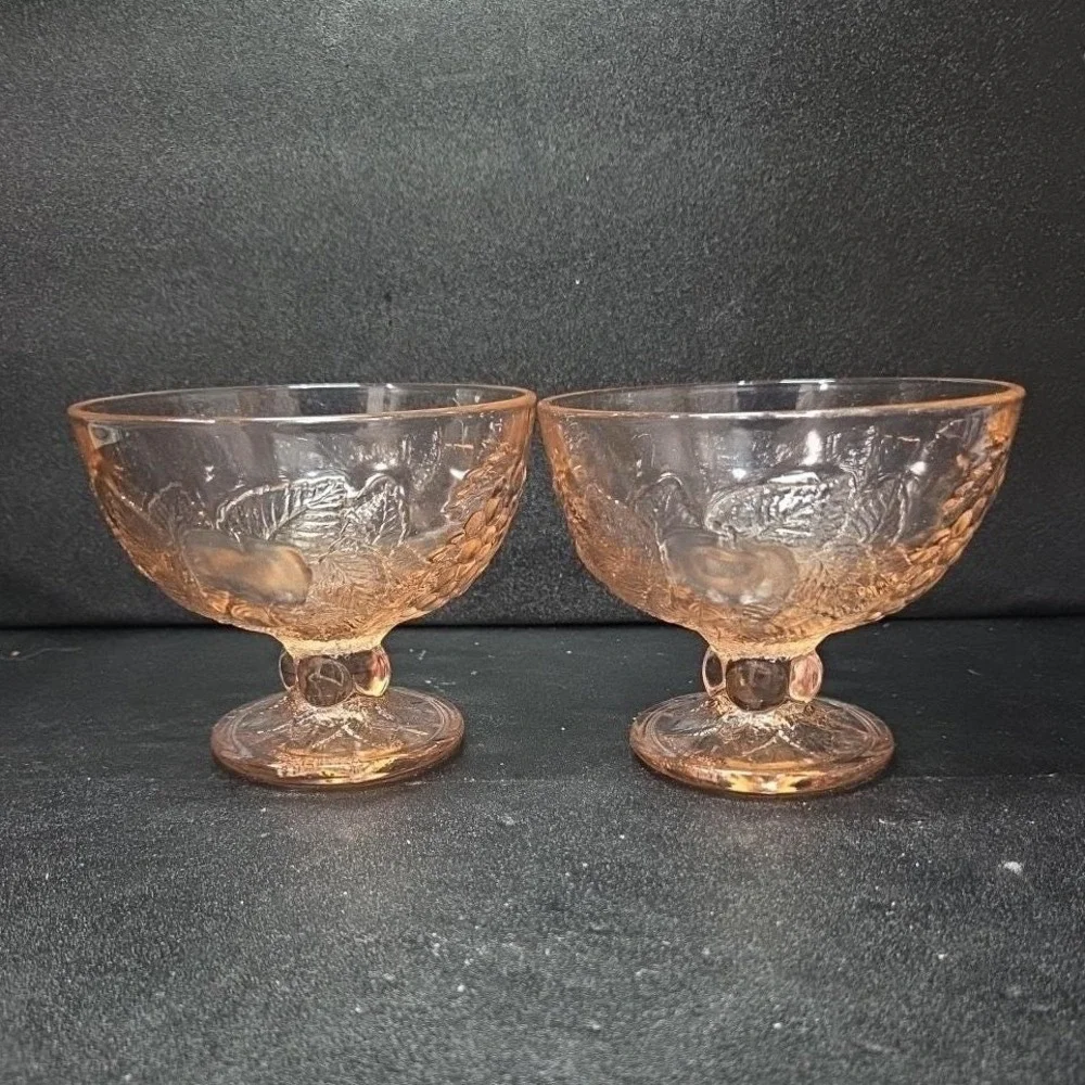 Pasabahce Pink Dessert Bowls, Set of 2, Vintage‎ Fruit Design, Footed Glassware